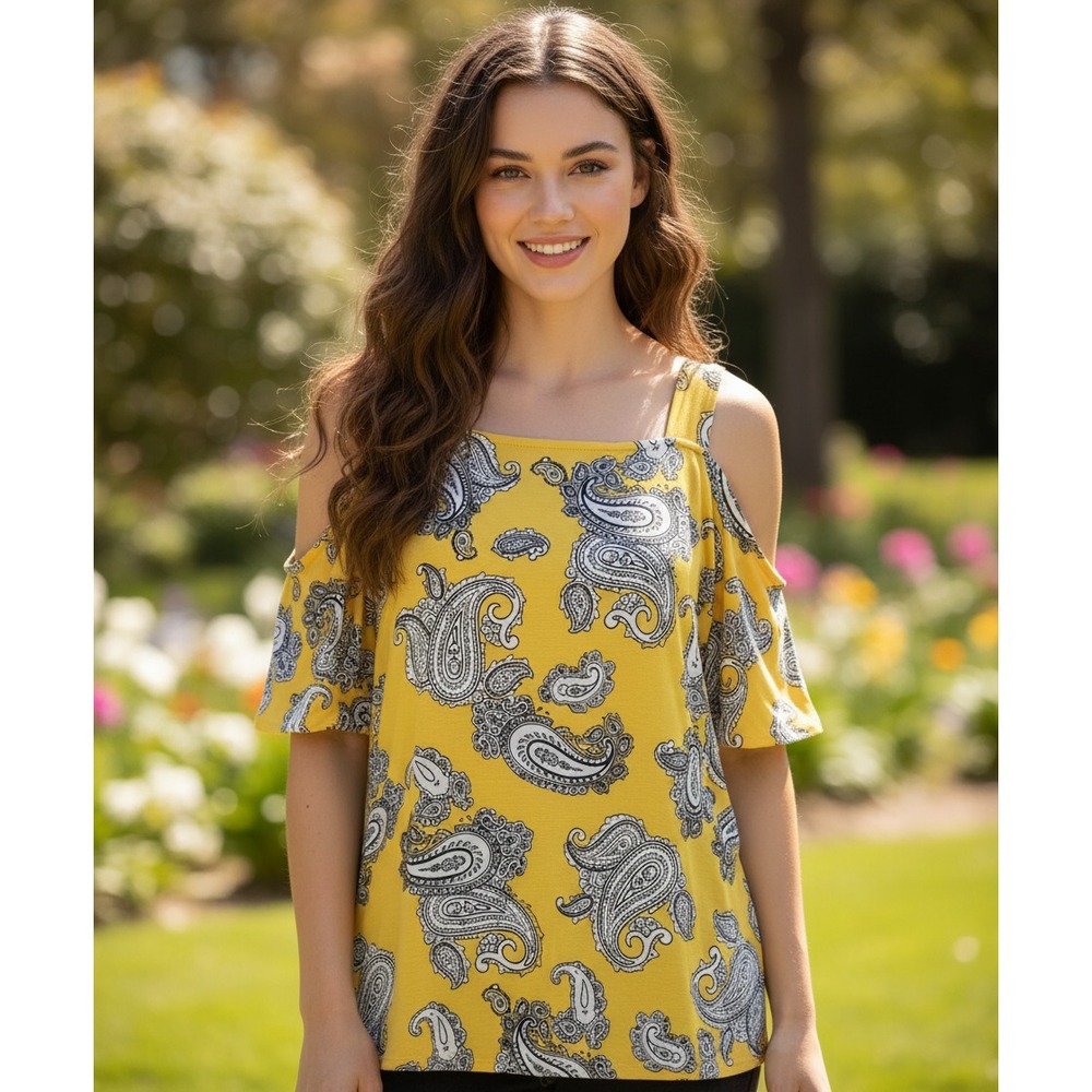 JM Collection M Women's Top Yellow Blue Paisley Boho Casual Resort Chic Canary